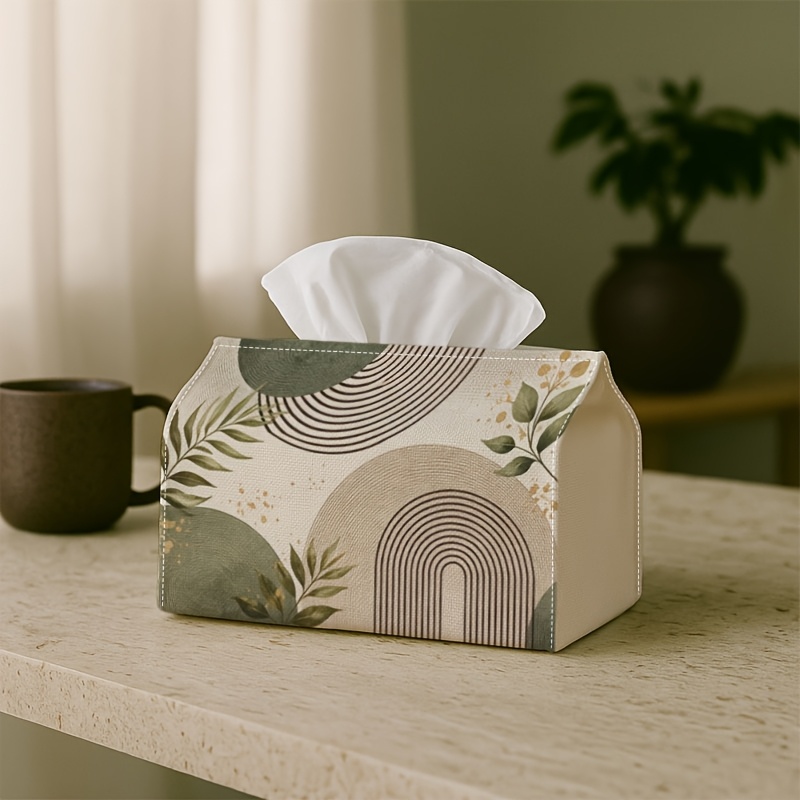 TEMU 1pc 2d Flat Tissue Box, Minimalist Botanical Abstract Style - , Neutral And Calm Arched Leaf Pattern, Suitable For Desks, , And Car Decor,