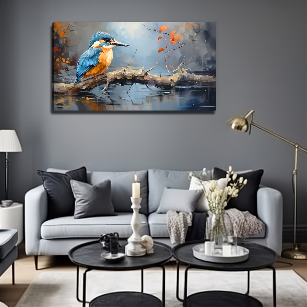 TEMU 2D Plat, IJsvogel op Tak Muurkunst - 50x100cm/20x40in Ongelijste Canvas Print, Bohemian Moderne Art Deco Stijl Levendige Inkt Natuurschilderij