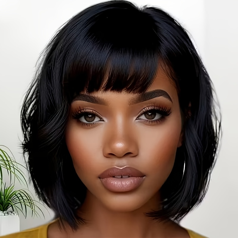 TEMU Brazilian Human Hair Wigs Suitable For Women - Short Bob Cut Wig With Bangs, Curly Wavy Hairpiece, None Lace Front For Daily Wear & Cosplay, Quick Hairstyle Change, Suitable For & Hair Types
