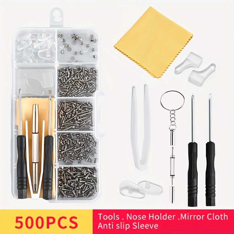 Image of 500pcs Glasses Repair Kit With Screw Set, Screwdrivers, Tweezers, Mirror Cloth, Anti-slip Sleeve For Eyeglasses, Glasses, Watches - Plastic Material