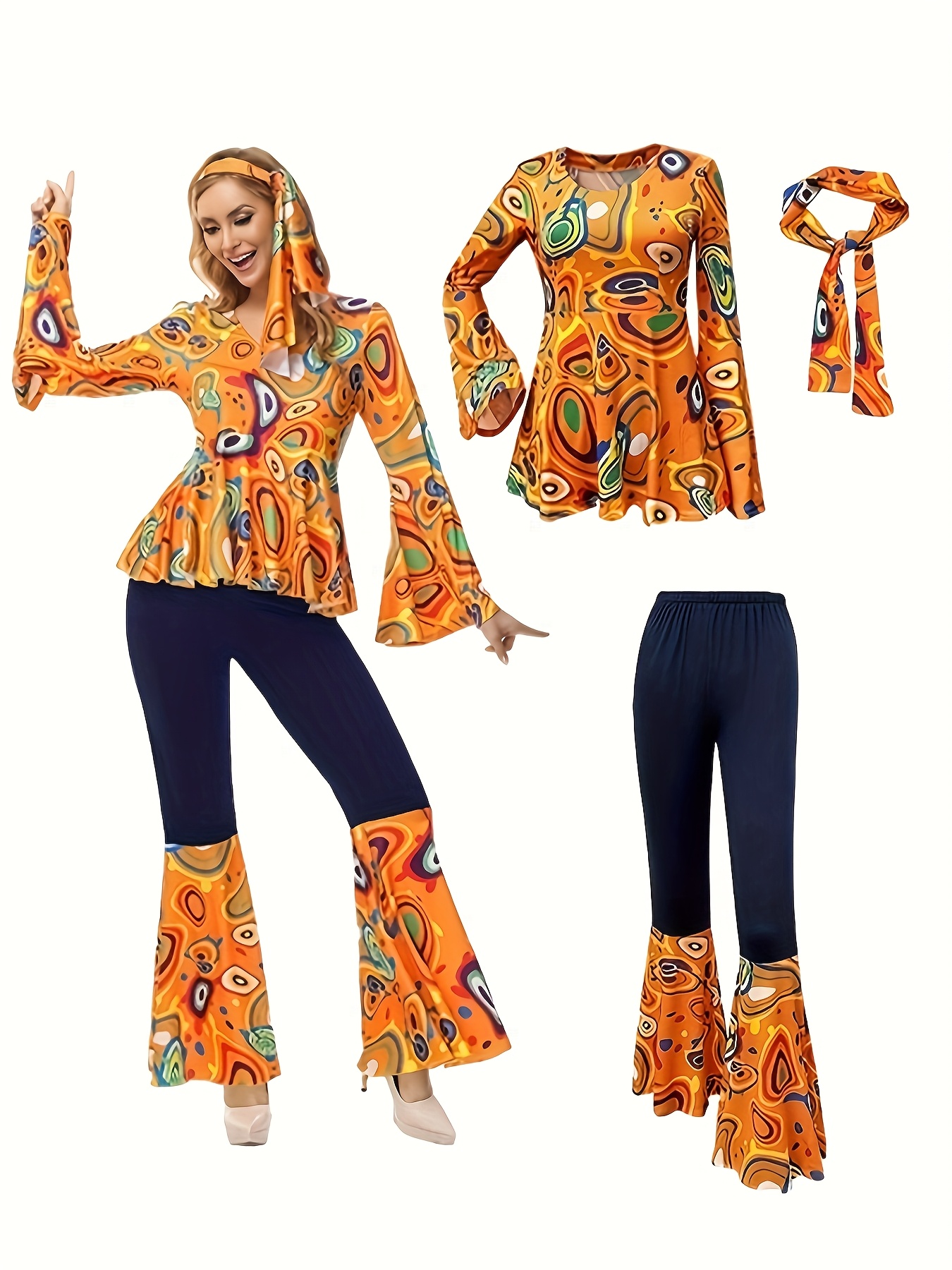 item picture disco outfit women 70s hippie outfits disco costumes for women   long sleeved shirt pants cover headband orange