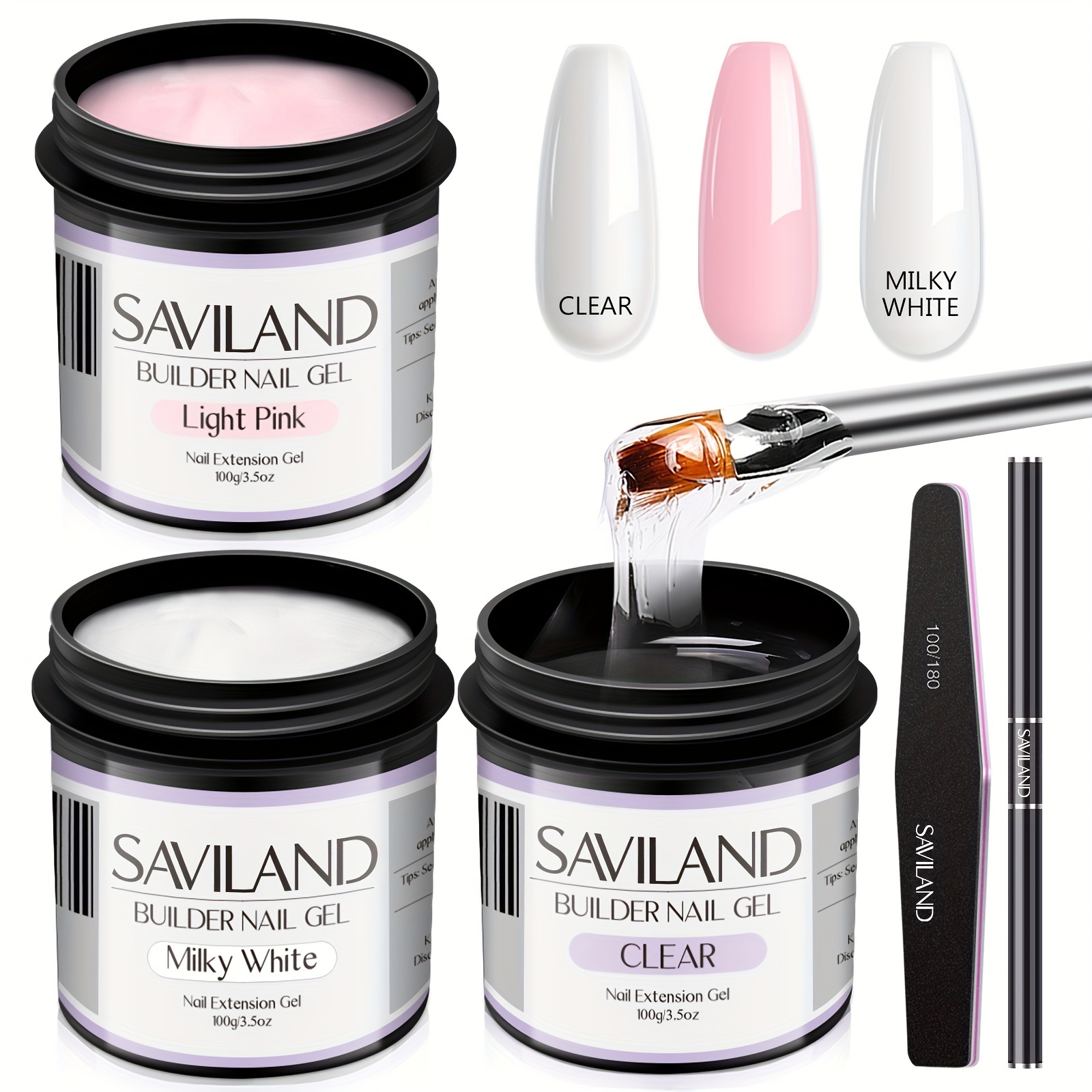 

Saviland 3-color Builder Nail Gel Kit - Clear, Light Pink & Milky White | 100g Each With Sanding Strip & Uv Phototherapy Pen Set For Diy Manicure