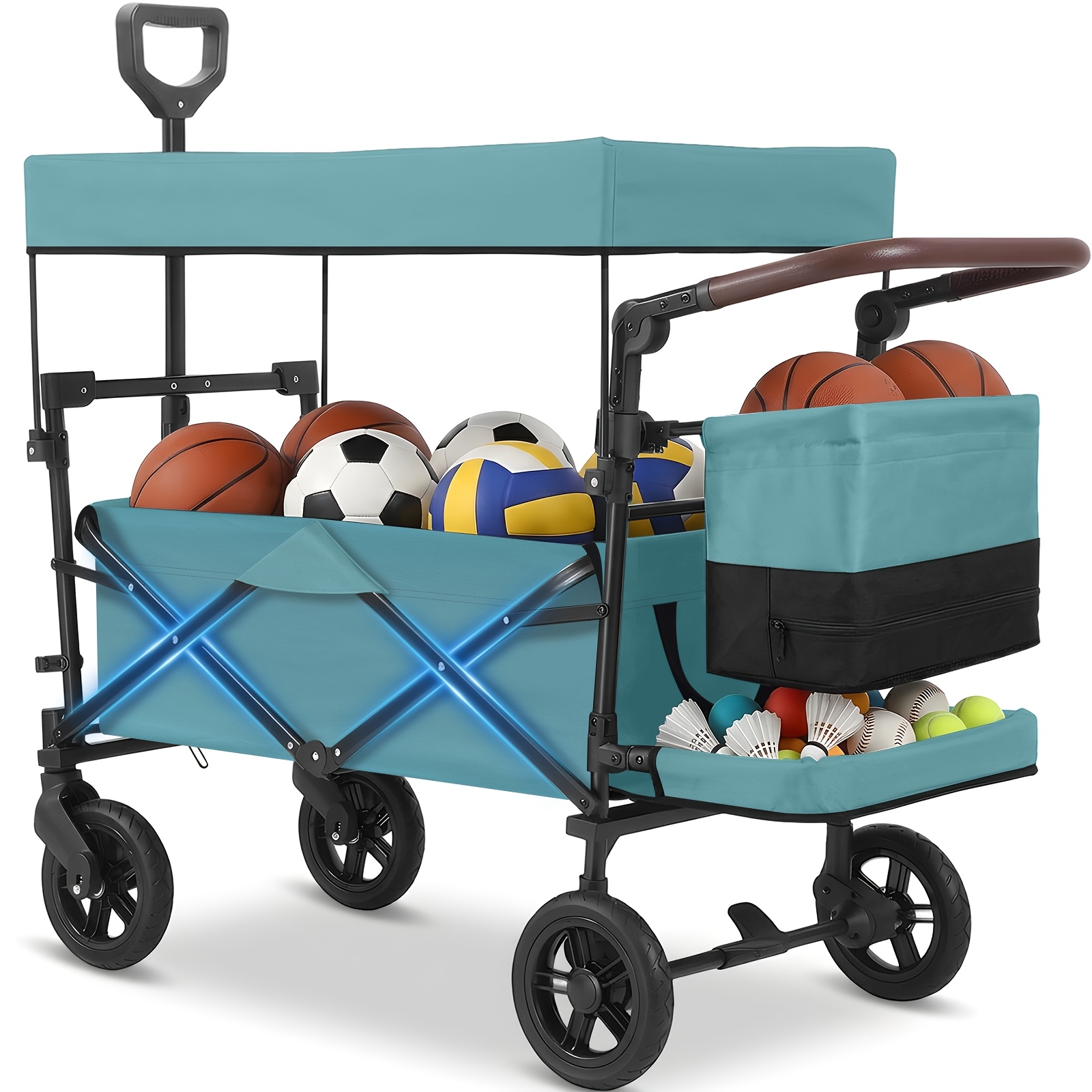 Foldable Wagon With Canopy, 100kg Load Capacity, Foldable Utility Cart With Push Handle, Shockproof Pu Wheels With Brakes, 110l Capacity, 300d Oxford Nylon Fabric, Suitable For Camping, Sport