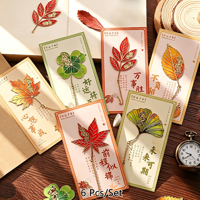 TEMU 6pcs Marque-pages Métalliques Thème Feuille Vintage avec Pendentifs Chaîne, Clips de Livre Délicats, Clips de Page Métalliques, Accessoires de