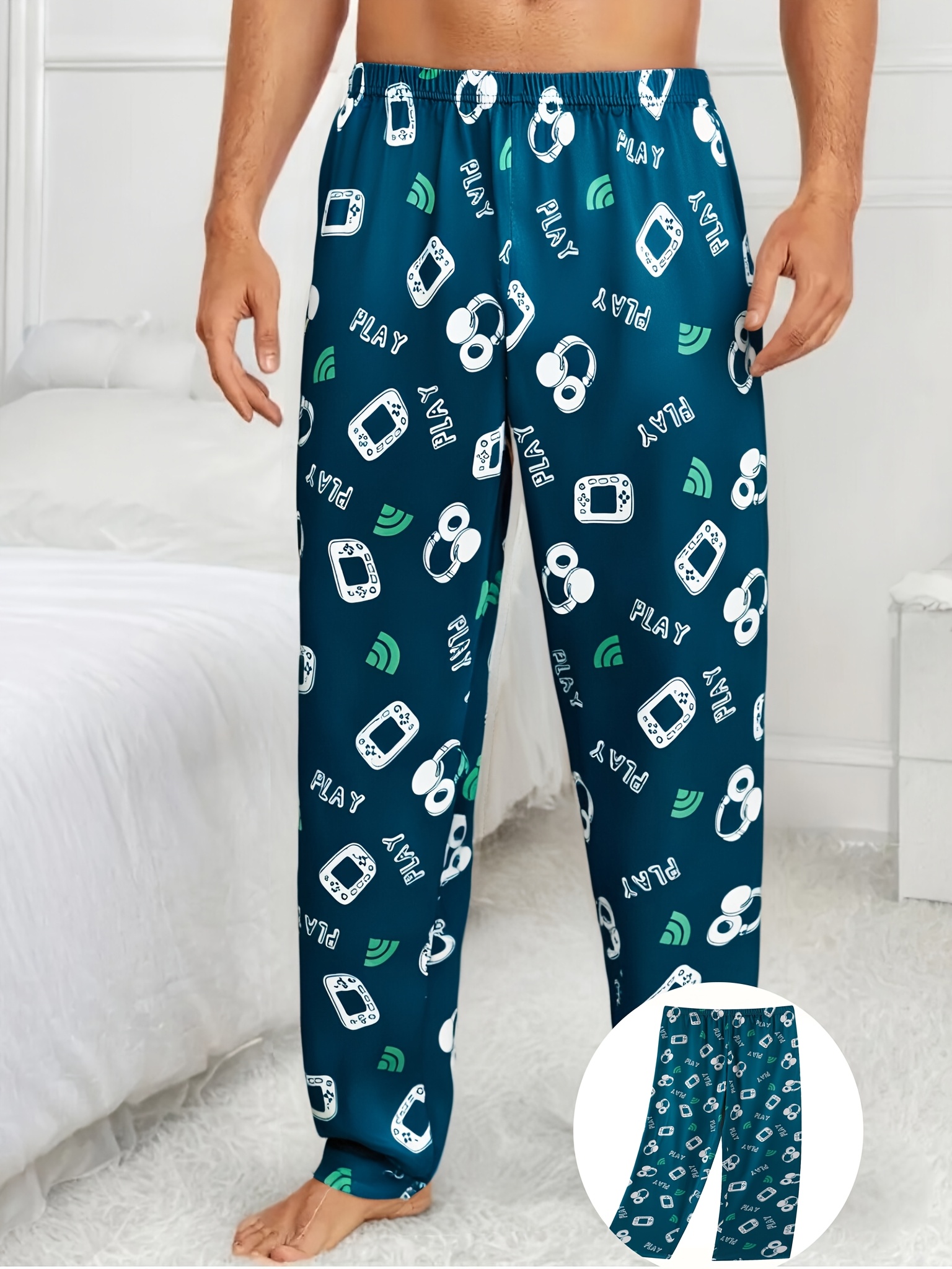 mens gaming themed   pajama pants soft lightweight lounge pants with elastic waistband pockets black with colorful game controller prints polyester blend for casual wear or sleepwear loungewear pants   print pants smooth texture fabric