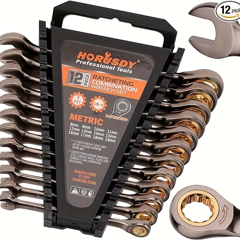 

12pcs Metric Ratchet Wrench Set, 8-19mm - Steel With Organizer | 72 Teeth For Industrial Use