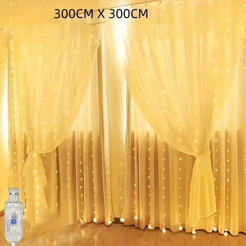 TEMU Luces de cortina de de 300 LED, alimentadas por USB, 8 intermitentes, luces colgantes de cuerda navideñas con enchufe USB, adecuadas para