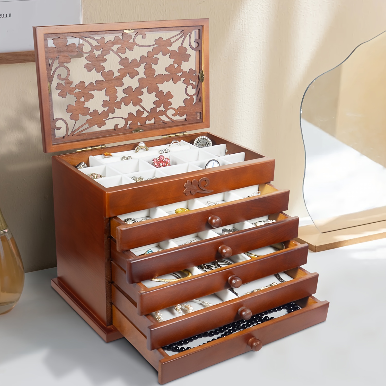 

Jewelry Box For Women With Leaf Patterns - 6-layer Organizer For Earrings, Rings, Necklaces, And Bracelets - Ideal Gift