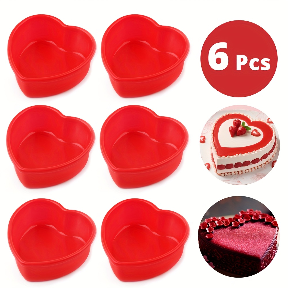 

6pcs 4" Heart-shaped Silicone Cake Pans - Nonstick, Reusable Baking Molds For Valentine's Day & More - Homemade Desserts