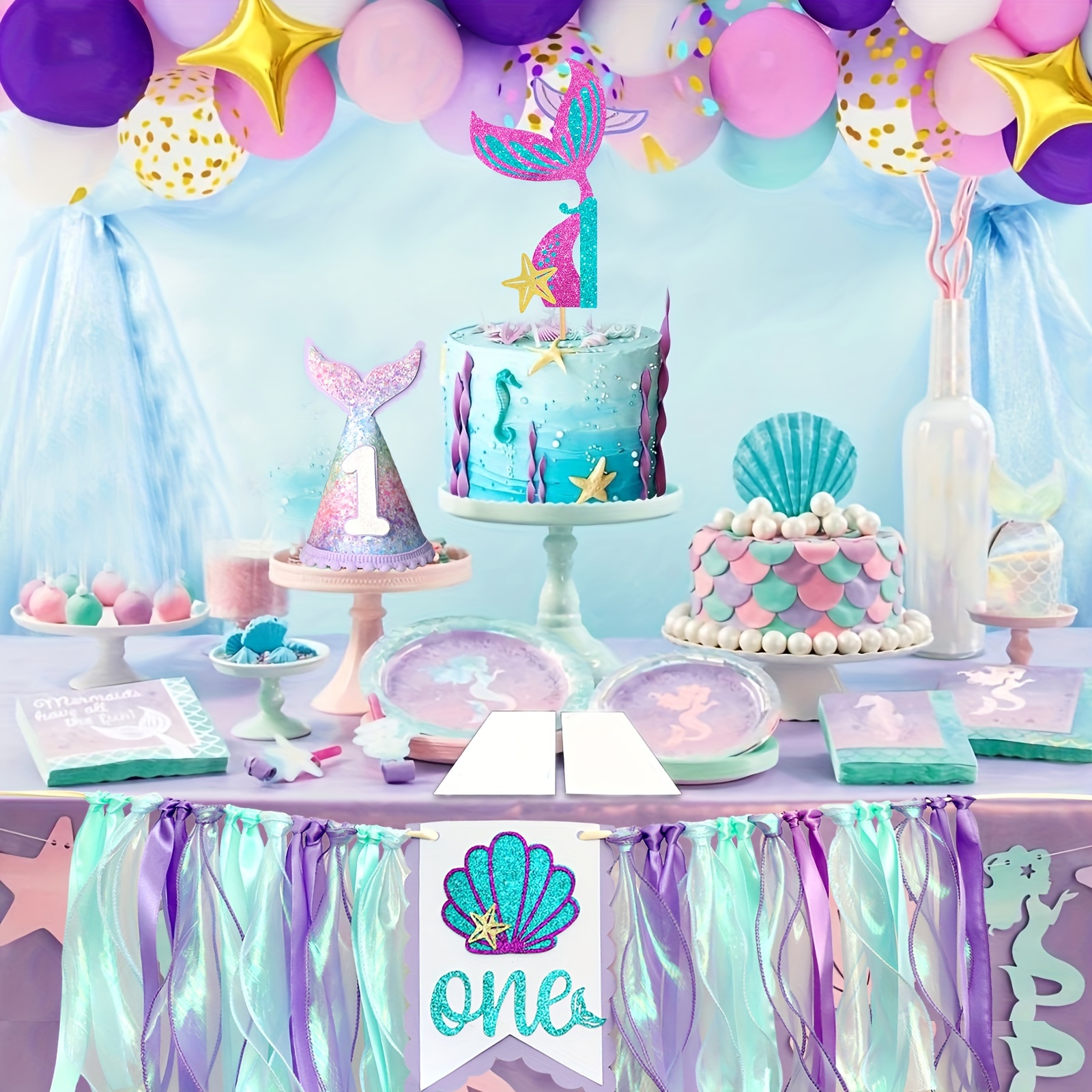 DASHAN 8x6ft Mermaid Birthday Backdrop - Under The Sea Princess Party Decor Photography Background