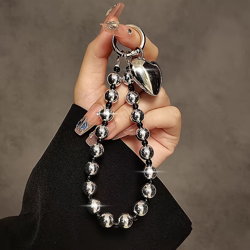TEMU Silvery Plated Heart-shaped Hand-held Chain, Wrist Short Hanging Rope With Clip, Phone Case, Keychain, Bag Pendant