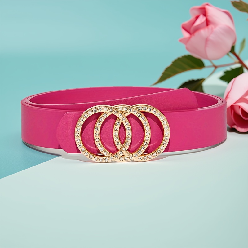 Rose Red Belt with Rhinestone Buckle - Adjustable Waist
