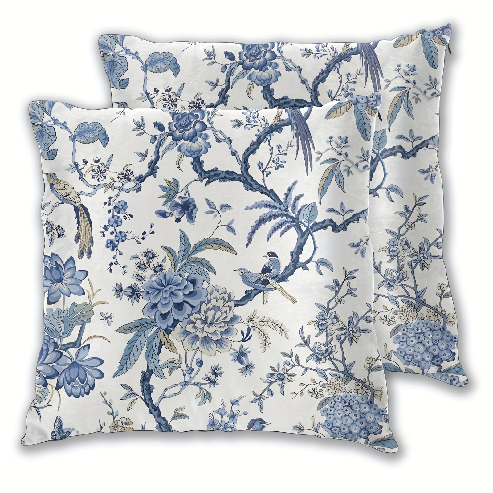 Short Plush Chinoiserie Blue White Throw Pillow Covers Birds - Temu