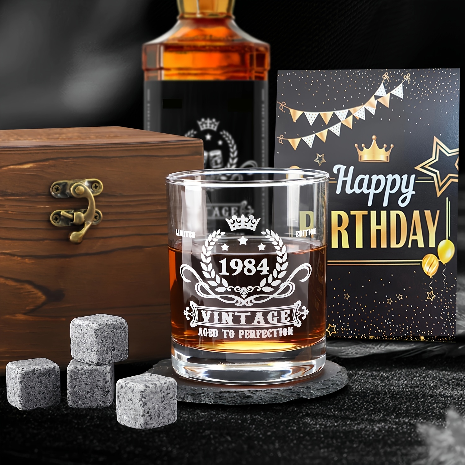 *'S Birthday Gift, 40th 41th Retro Whiskey Glass Set, Whiskey Glasses  1984, 1985 Poster Anniversary Cards&Wooden Box&Whiskey Stone&Coaster,  Unique