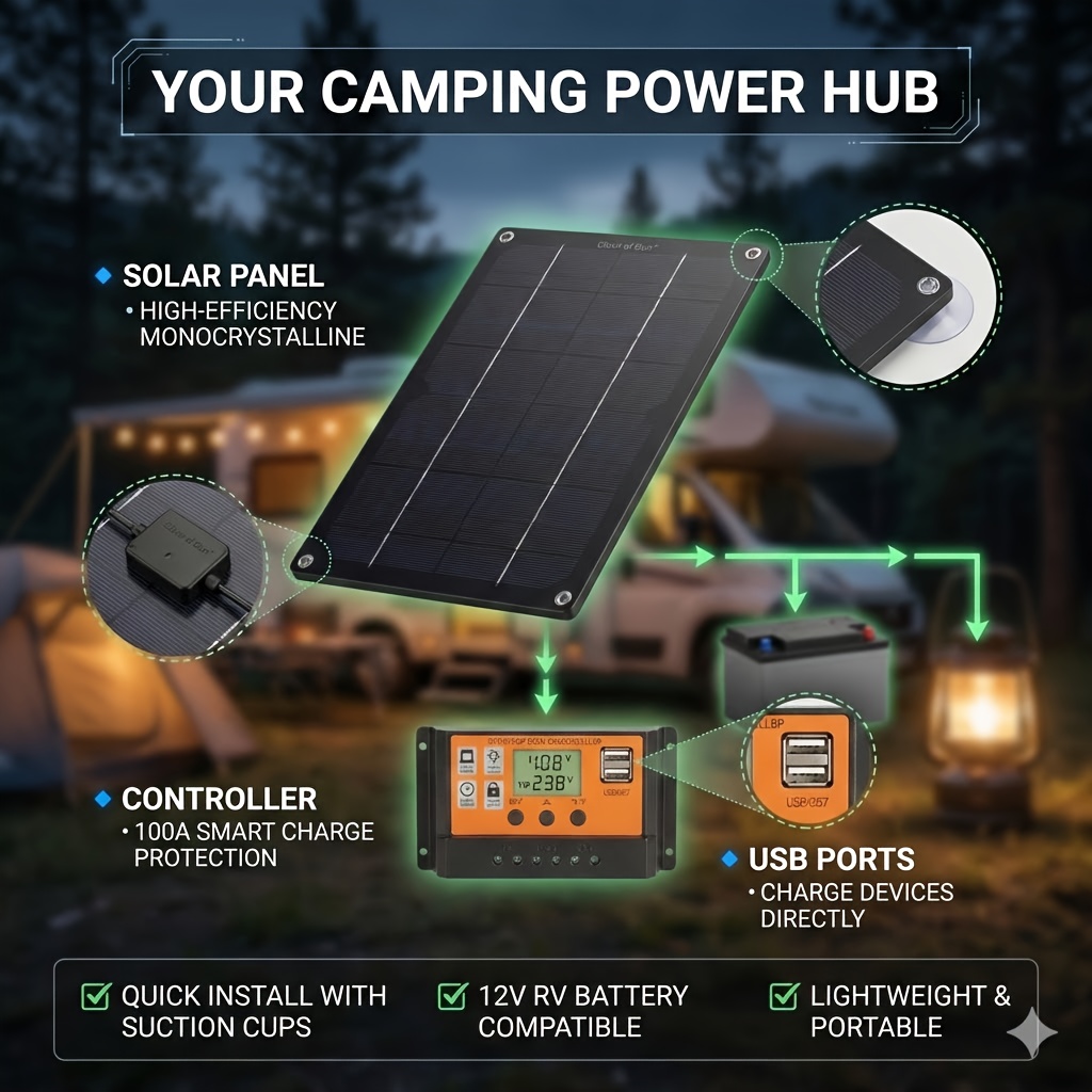 Kit de Panel Solar, con Controlador de Carga Solar y Cable de Extensión | Viene con Clip para Batería | Adaptador para Barco/Motocicleta/RV/Luces de Exterior/Cámara/Generador Solar | Fuente de Alimentación Unificada para Escenarios Off-Grid
