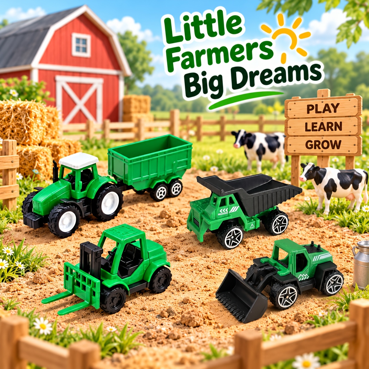 TEMU Set de mini véhicules de ferme jouets pour enfants, tracteur vert, camion-benne, chariot élévateur et chargeuse, cadeaux de fête d'anniversaire,