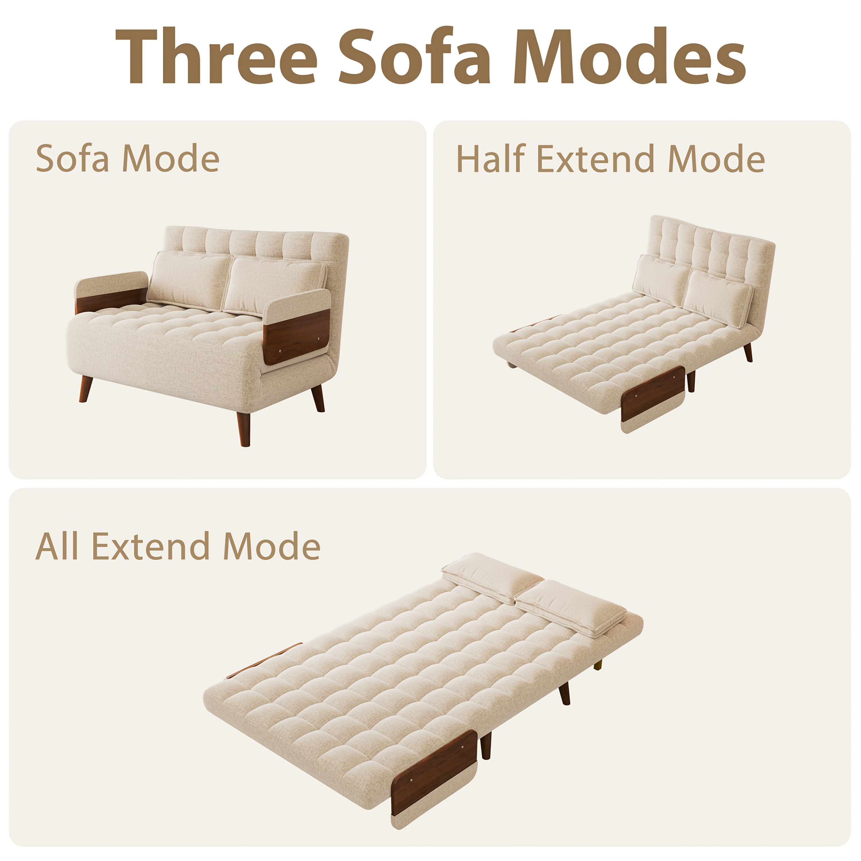 1 Modern Cotton And Linen Convertible Sofa Bed with 5 Adjustable Backs, Adjustable Height Pillows - Living Room Recliner, Single Or Double Use, Living Room Furniture Sofa | Neutral Home Decor | Wood Frame Sofa (Beige/Coffee)