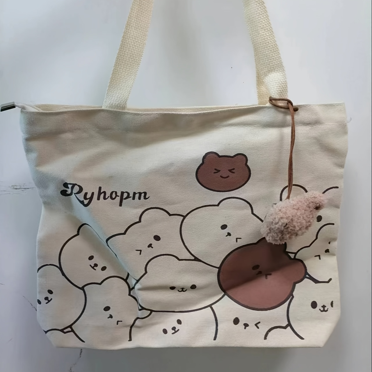 TEMU Canvas Tote Bag With Cute Cartoon Design, Large Capacity Shoulder Bag For School And Work, Zipper Closure, Handwash/ Safe, Stylish Messenger Bag Accessory - Color