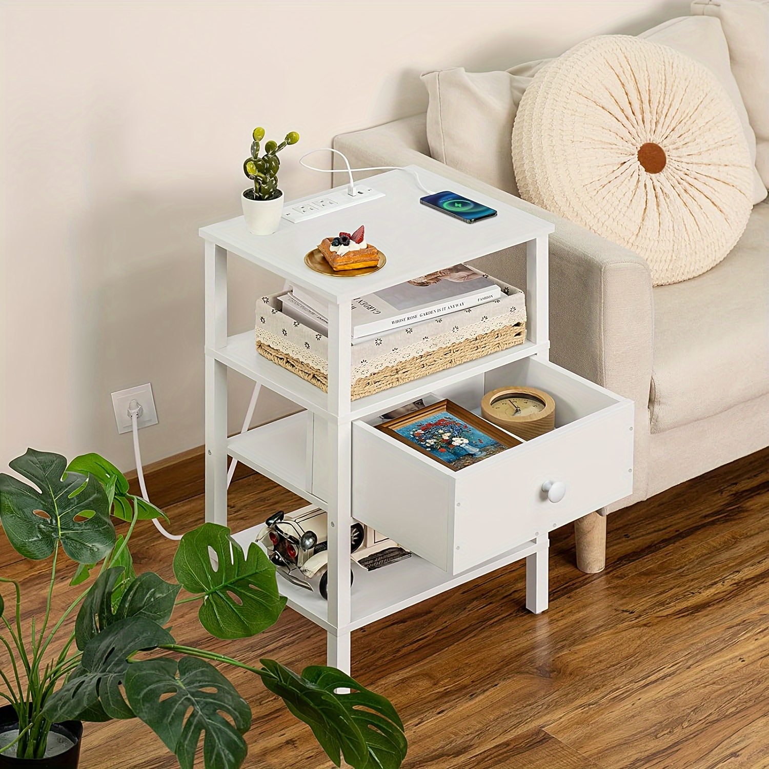 

Nightstand With Charging Station And Usb Ports, 3-tier Storage End Table With Drawer Shelf, Night Stand For Small Spaces, Wood Bedside Table For Living Room, Bedroom - Elegant White