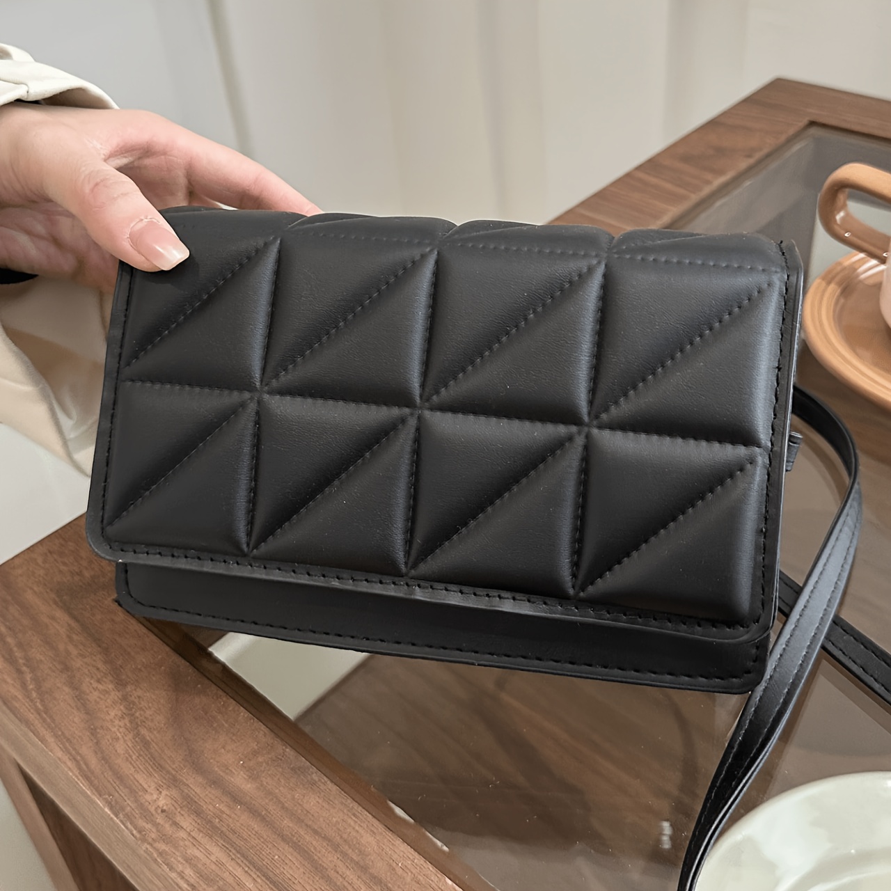 Image of Black Minimalist Mini Square Shoulder Bag, All Matching Argyle Pattern Flap Crossbody Bag