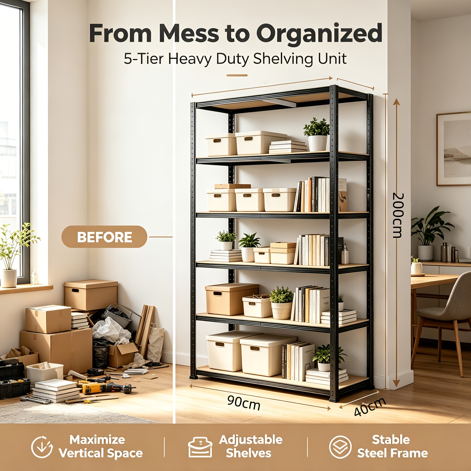 Image of Family Shelving, Heavy-duty Shelving, Five-layer Structure, Equipped With Adjustable Metal Shelves, In 3 Sizes, Suitable For Homes, , , And Offices, Utility Shelves