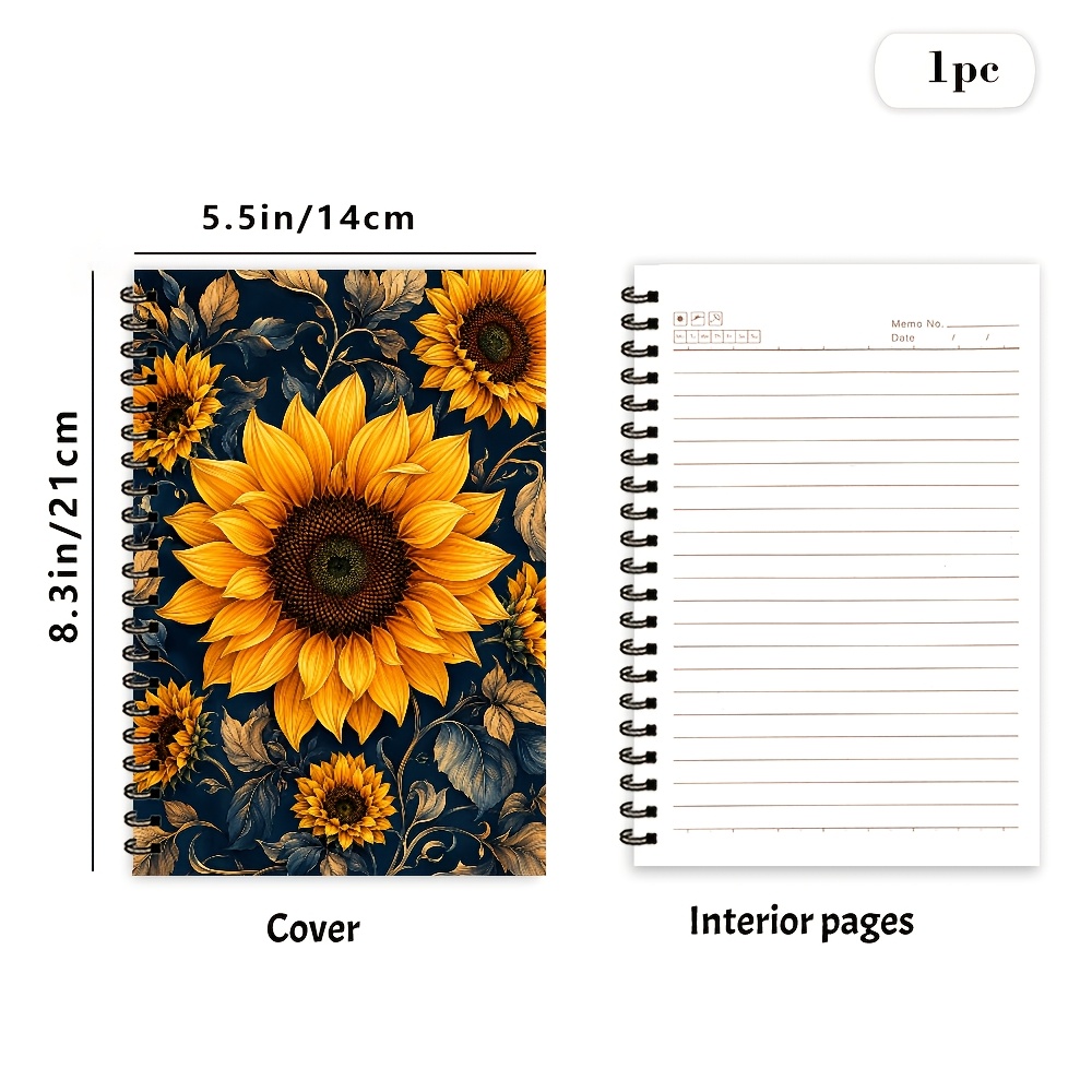 TEMU 1pc A5 Sunflower Vintage Floral Spiral Notebook, 50 Pages/25 Sheets, Dark Blue Warm Yellow Sunflower Design And Desktop Stationery Scene Journal