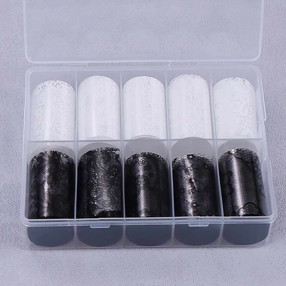 E-shop mit 10 Rollen eleganter schwarz-weißer Spitzen-Blumen-Nagelfolie, traumhafte Vintage-Spitzen-Blumen-Sternenhimmel-Papieraufkleber,