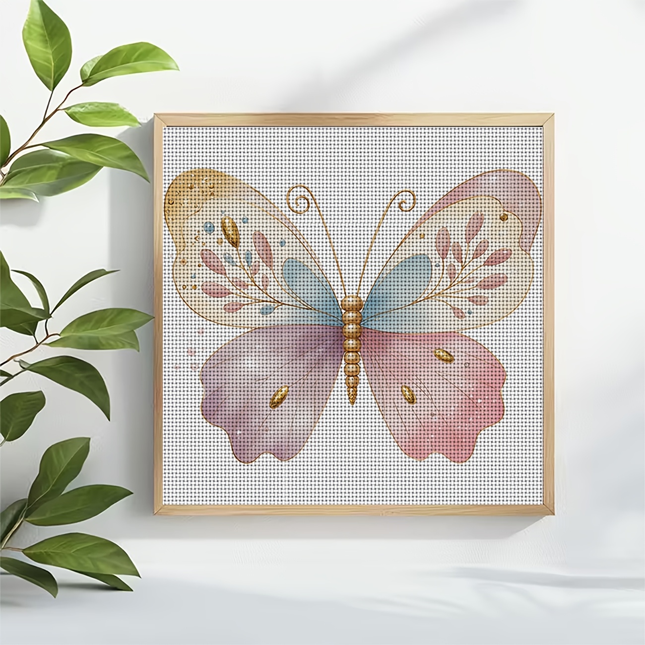 DIY Cross-Stitch Printed Kit, Unframed, Pink-to-Blue Gradient Butterflies