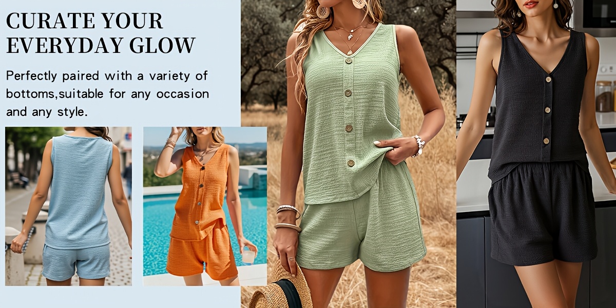 four color random hair 4pcs casual solid color texture shorts solid color texture vest v neck single breasted loose and simple shorts suitable for womens sets   summer and autumn festivals Product details 1
