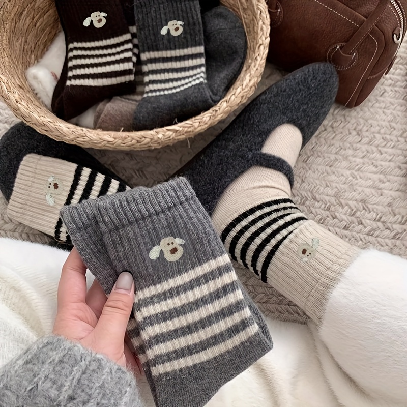 

6pcs Women's Novelty Socks - Vintage Striped Knit With Cute Dog Motif, Breathable & Comfortable Mid-calf Socks In Brown, , And Gray, Polyester , Socks|vintage Striped Socks|polyester Socks, Cute Socks