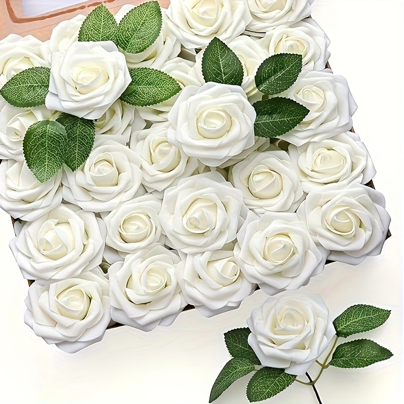 

25pcs Milky White Artificial Roses, Used In Diy Wedding Bouquet Boutique As Gifts For Engagement, Wedding, Birthday, And Anniversary Parties