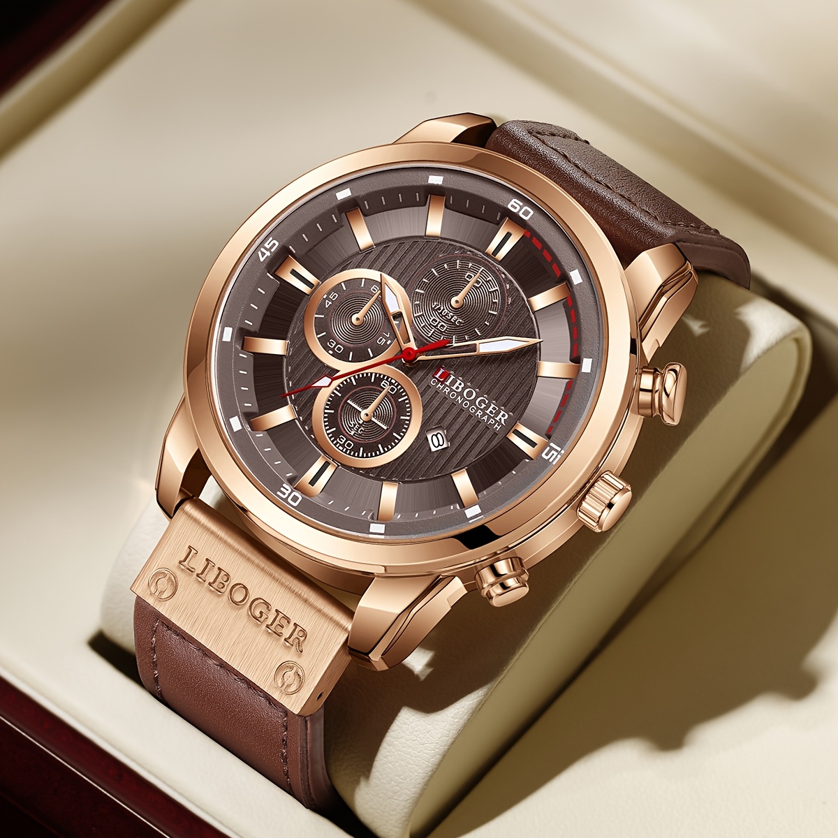 Image of Men's Business Casual Round Quartz Watch, Pu Leather Strap, Alloy Case, - Ideal Gift
