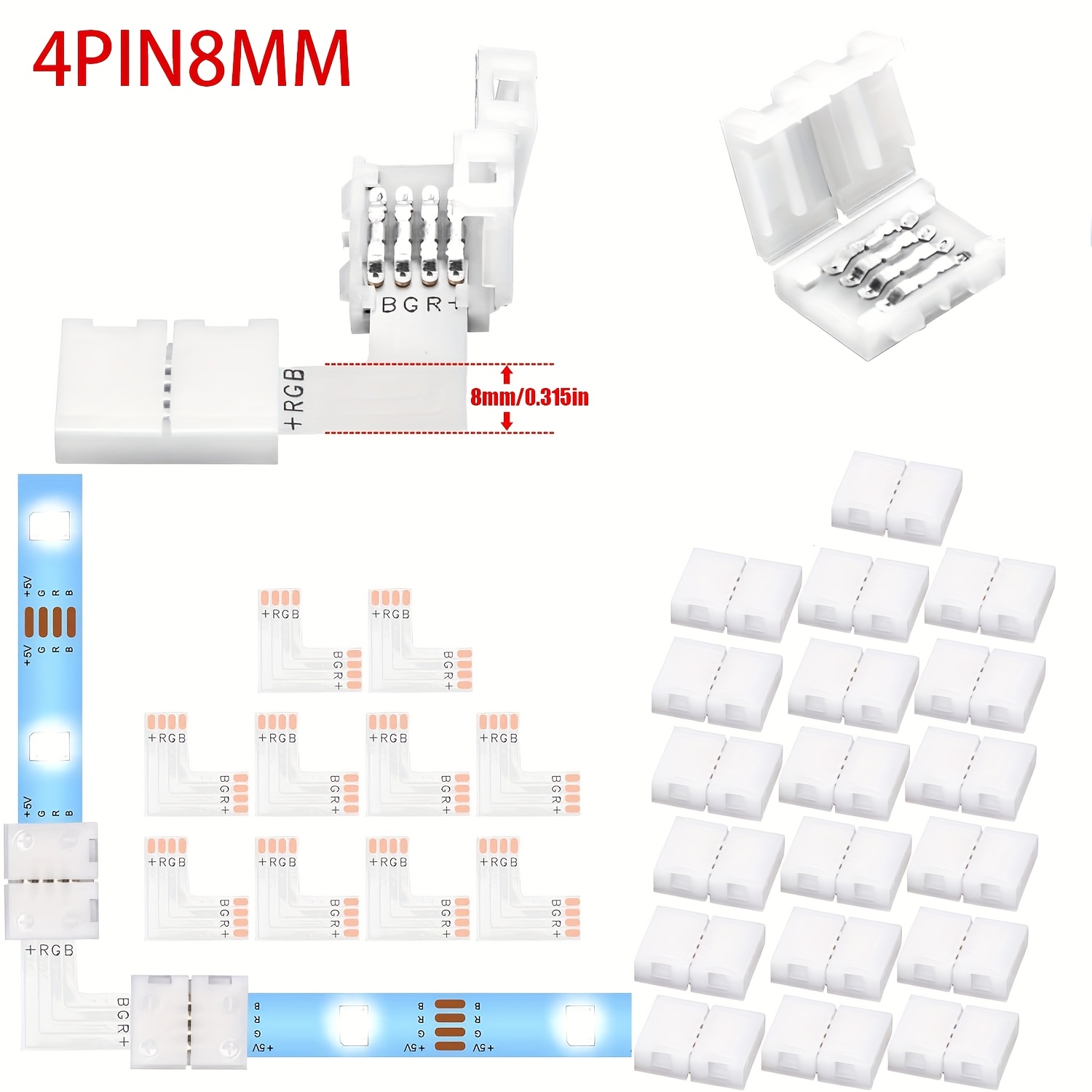 Image of 4pin8mm(0.315in)led Light Strip Connector, 20pcs Clip, 10pcsl Connector, 1pc L Corner Light Strip Connector. Welder-free Lamp Strip Connection Repair Extension.
