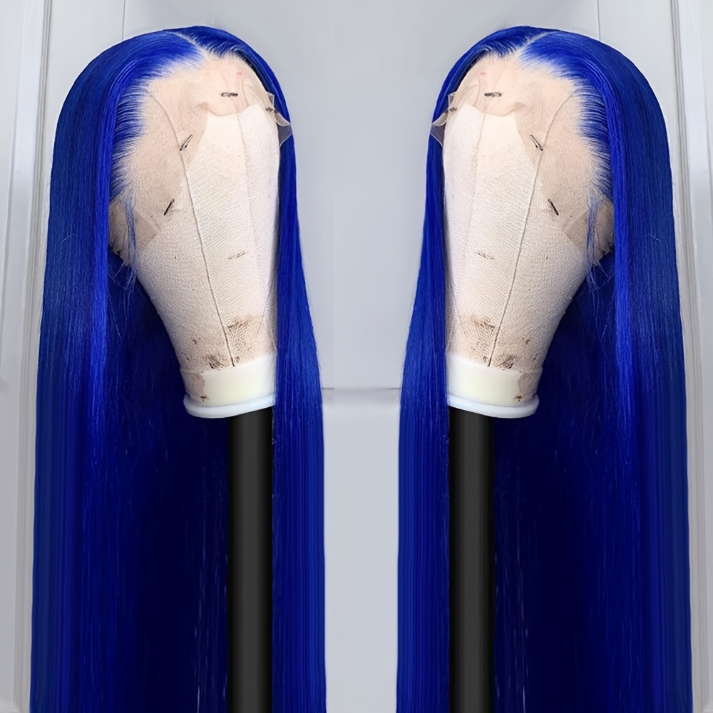 blue synthetic lace front wig long   blue lace front wig   hairline heat resistant   navy blue color lace front replacement wigs 13x4 free part for fashion woman girls   wear 26 inch details 1