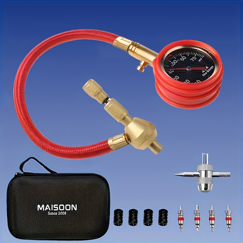 TEMU Mechanical Pointer Tire Pressure Gauge & Tyre Deflator Kit, 75psi Accurate Tyre Meter Monitor With 4 Valves, Durable Copper Construction For