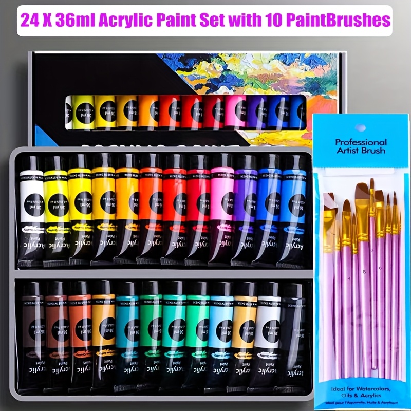 Image of 18/24 Acrylic Paint Set With 10pcs Paint Brushes, 36ml/1.21oz Tube Paints. Lightfast Colors With Great Coverage, Ideal For Canvas, Fabric, Faux Leather, Cardboard, Paper & Crafts