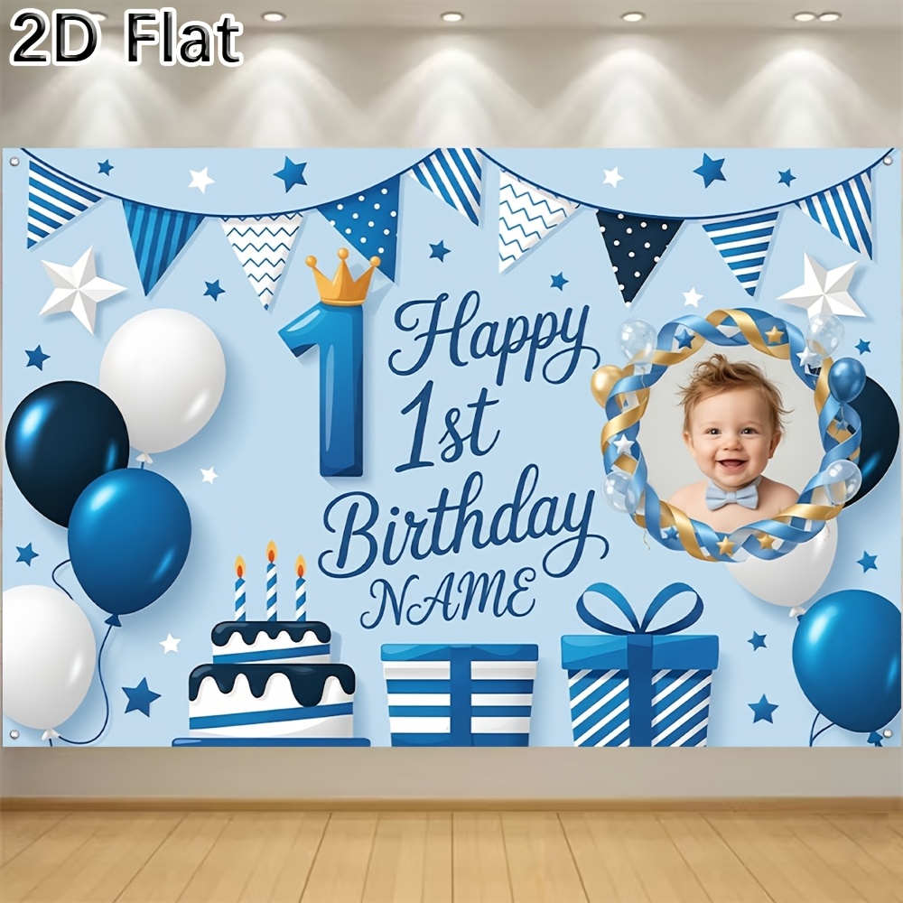 TEMU 2d Flat, 1pc [2d Flat] Banner Customizable Blue 1st Birthday Party Decoration With Name Personalization, Balloons, Cake & Gift Design For Baby