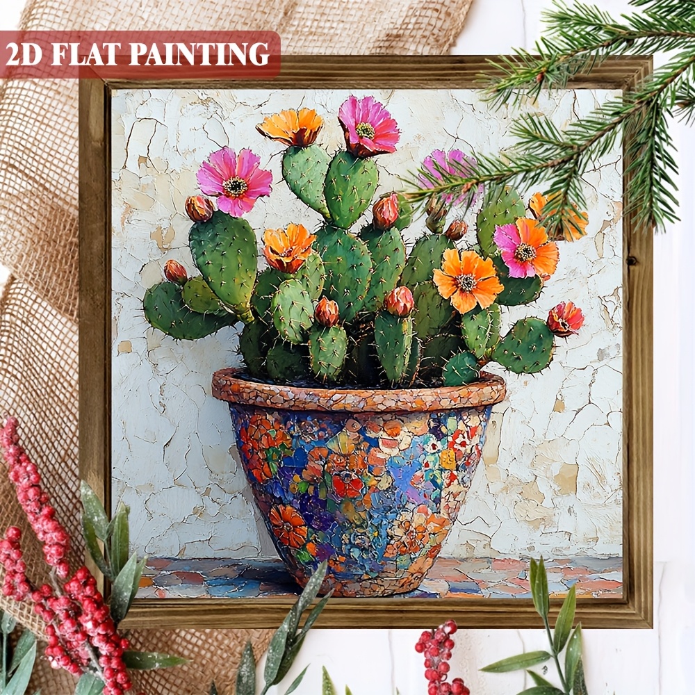 TEMU 2d Flat - 1pc Art Cactus Planter Painting, Wooden Wall Hanging Sign With Frame, Multipurpose Decorative Plaque For Home, Living Room, Garage,