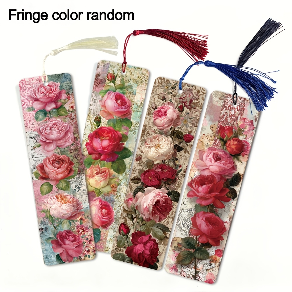 TEMU 4pcs Vintage Artistic Floral Creative Exquisite Pu Leather Tassel Decorative Bookmarks, 5.9 X 1.57 Inches, Pu Leather, High Quality And Durable,