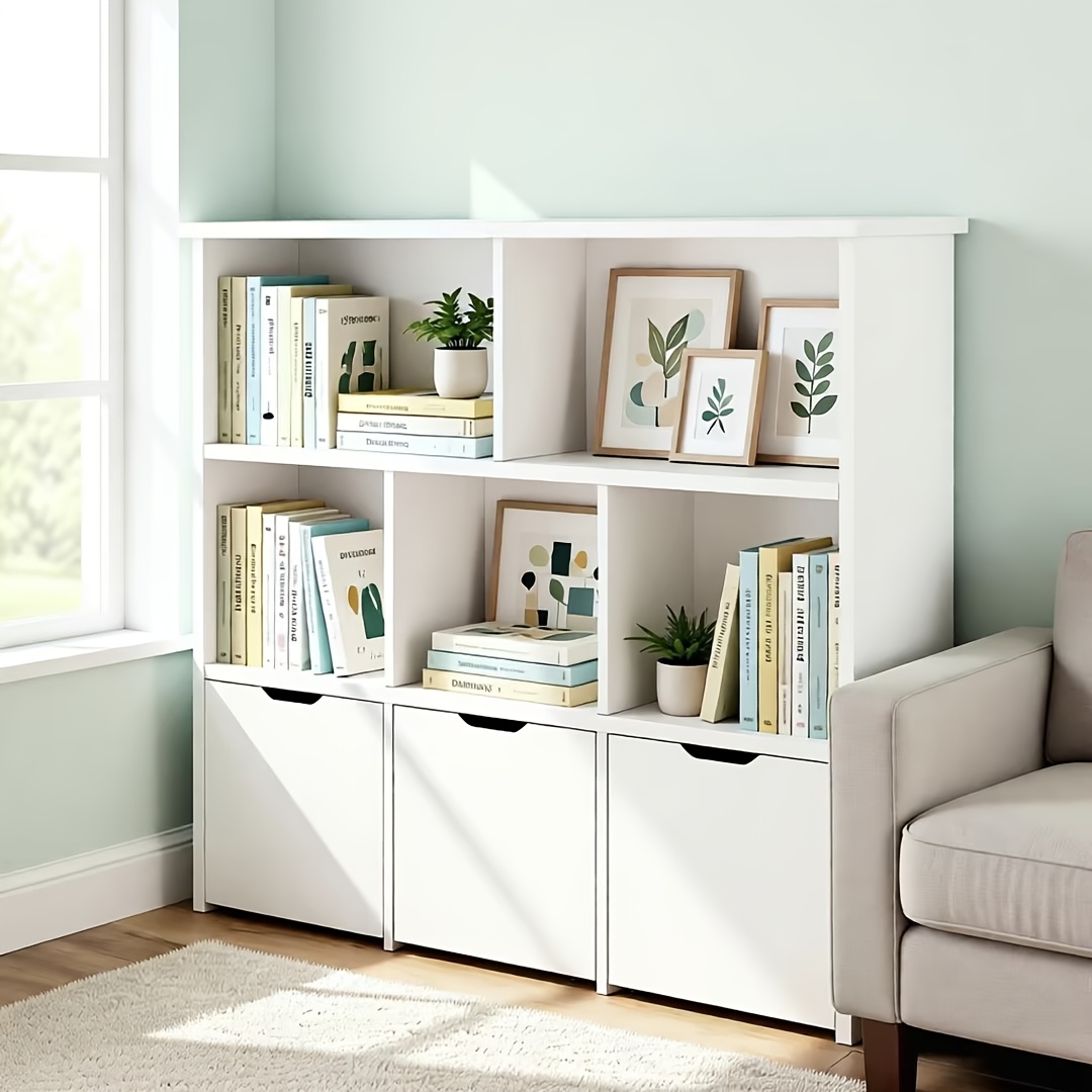 Modern Bookcase with 5 Cubes, 3 Movable Drawers and Hidden Wheels | Sturdy Construction, Multifunctional Organizer with Spacious Storage, White, Freestanding for Living Room