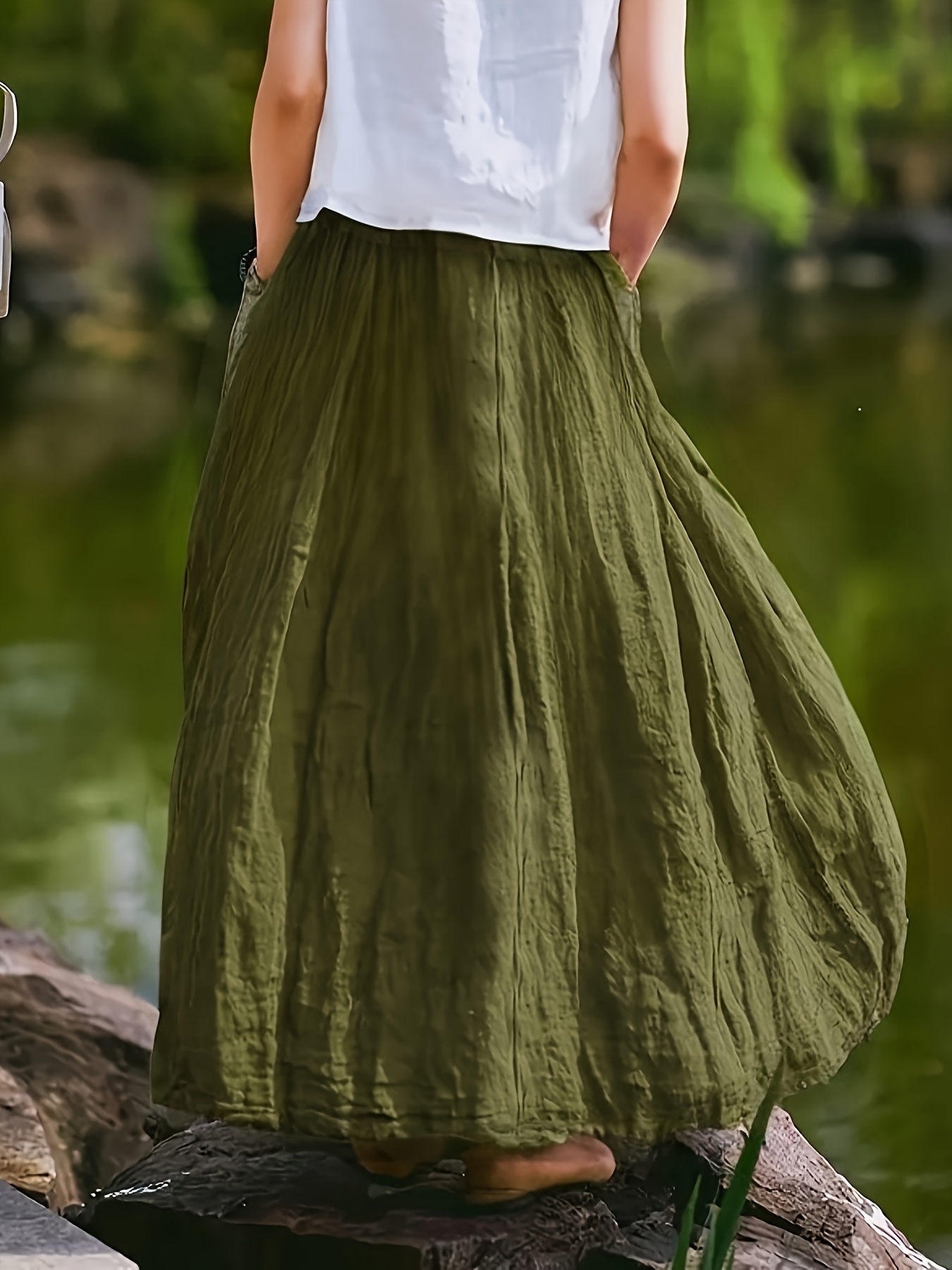 Women'S Lavender Purple Retro Style Long Skirt - Breathable Polyester, Loose Fit with Pockets, Elegant Casual Design for Spring/Summer, Casual Attire|Vintage Style Skirt|Polyester Fabric