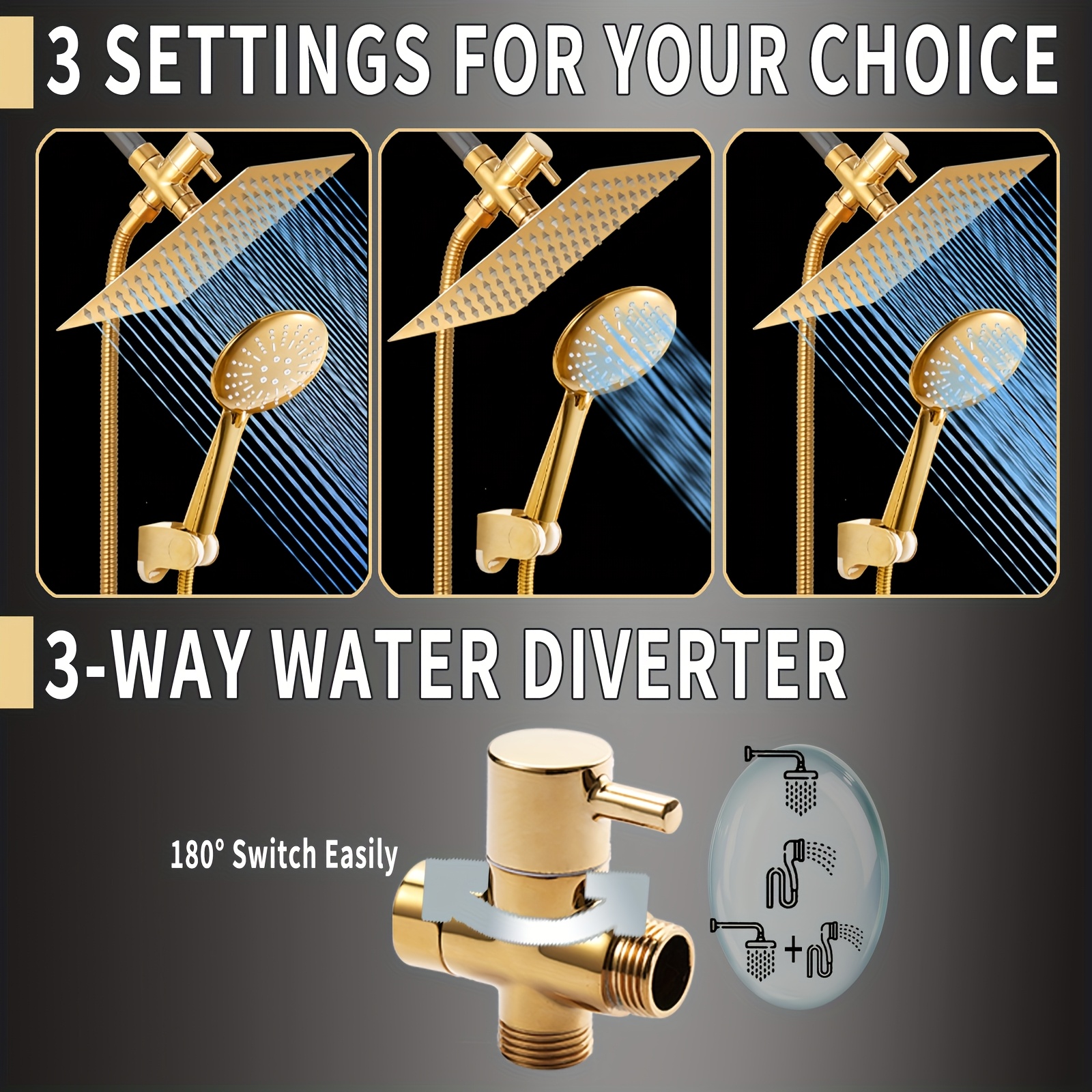 Golden High Pressure Square Rain Shower Head and Handle Set