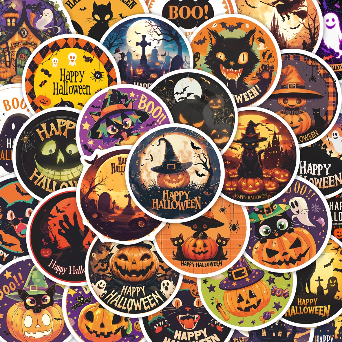 Image of Pack Of 48 Halloween Stickers Featuring Pumpkins, Witches, And , Perfect For Party Decorations, Laptops, And Scrapbooks
