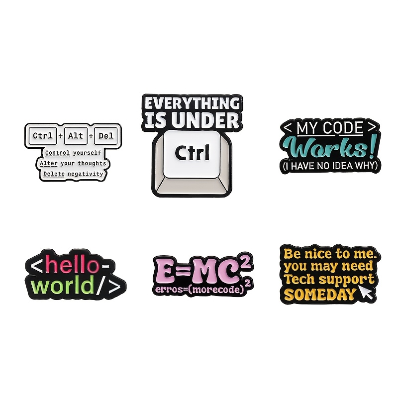 TEMU Set Of 6 Keyboard Key Brooches, Creatively Designed Color Text Badges, Unisex Fashion Alloy Pins For Collars And Backpacks, Perfect As Small