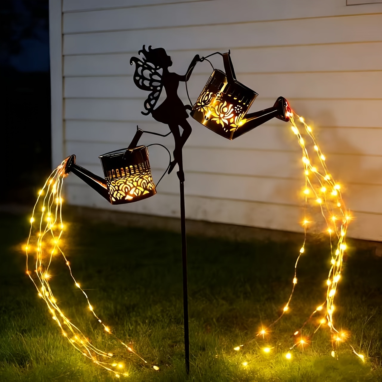 TEMU Newly Upgraded Outdoor Courtyard Solar Lawn Lights, Kettle Waterfall Flowing Lights With 150 Warm White Led Flashing Beads, Ip44 Solar Garden