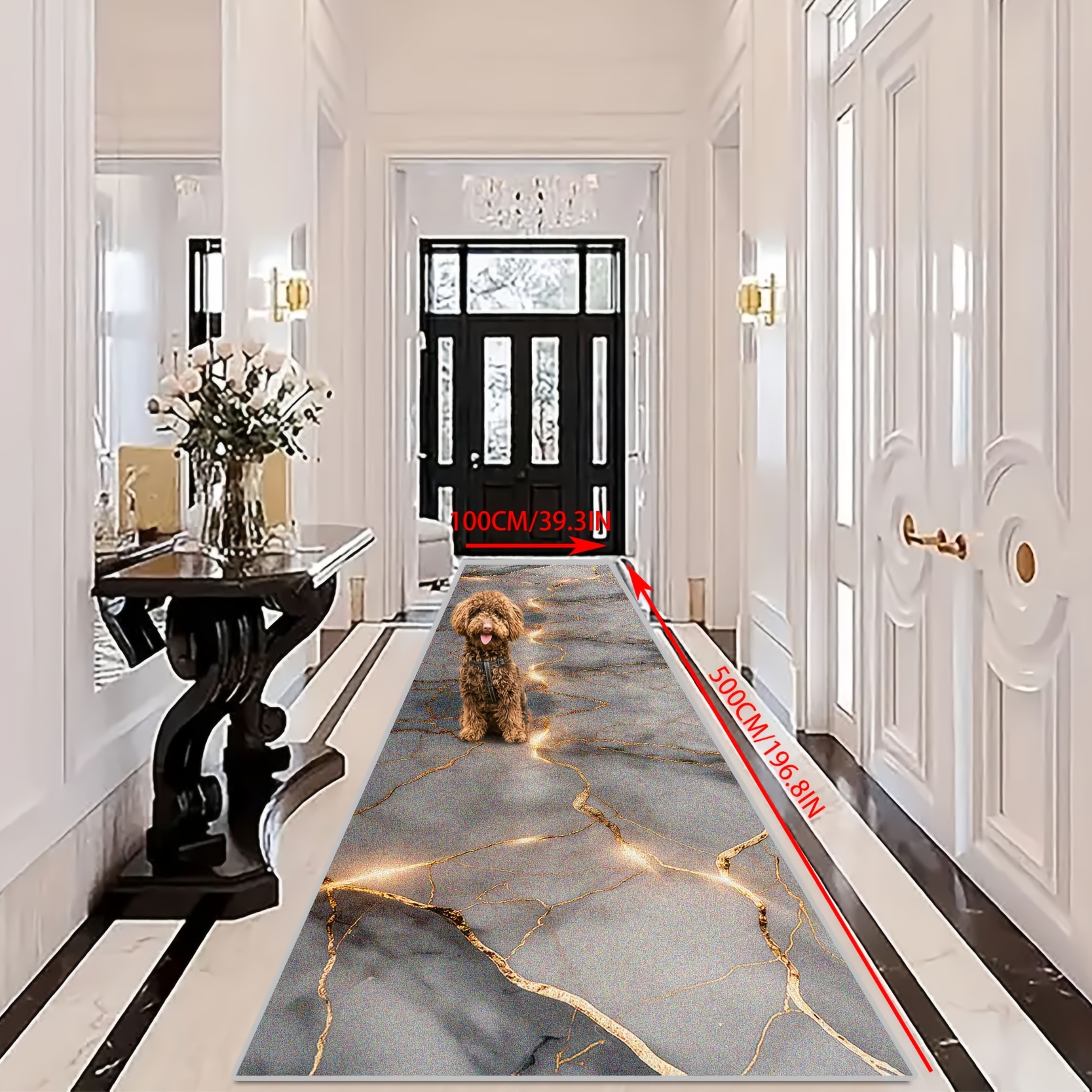 TEMU 1pc Extra-long 118"x23.6" Gray Marble Pattern Polyester Mat - Machine Washable & Anti-slip Thick Indoor/outdoor Mat For Hallway, Kitchen,