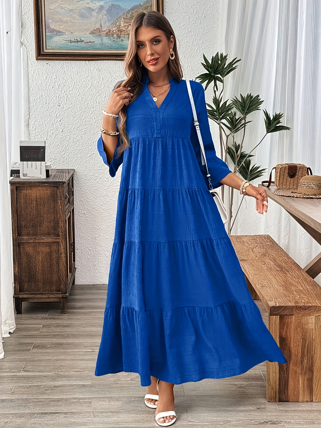 Elegant V-Neck Maxi Dress * Sleeve - Loose Fit -Line -Length Dress Suitable  for Weddings, Parties * - Spring/Fall Formal Evening Gown, Machine ...