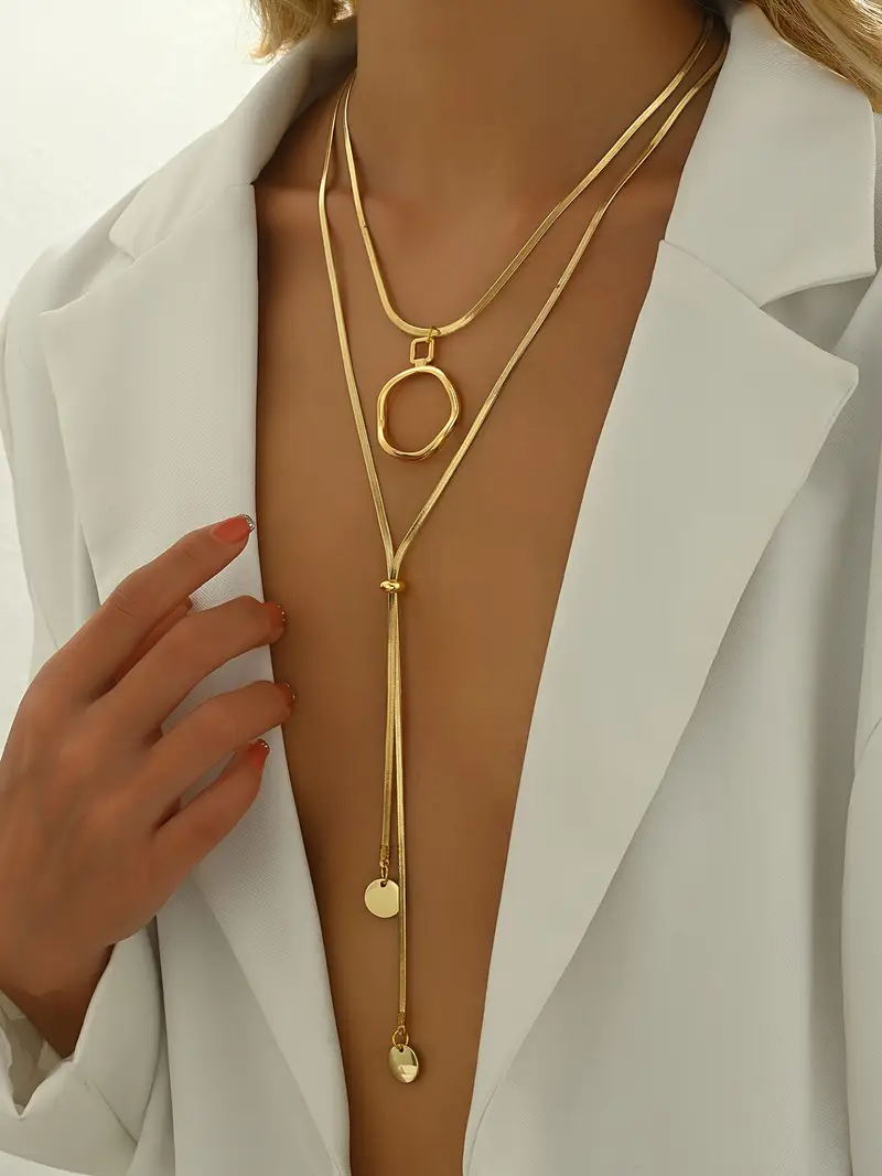 1pc elegant vintage shape double layered circle tassel necklace adjustable 18k golden plated stainless steel pendant for women ideal for daily wear and parties valentines day gift Product details 4
