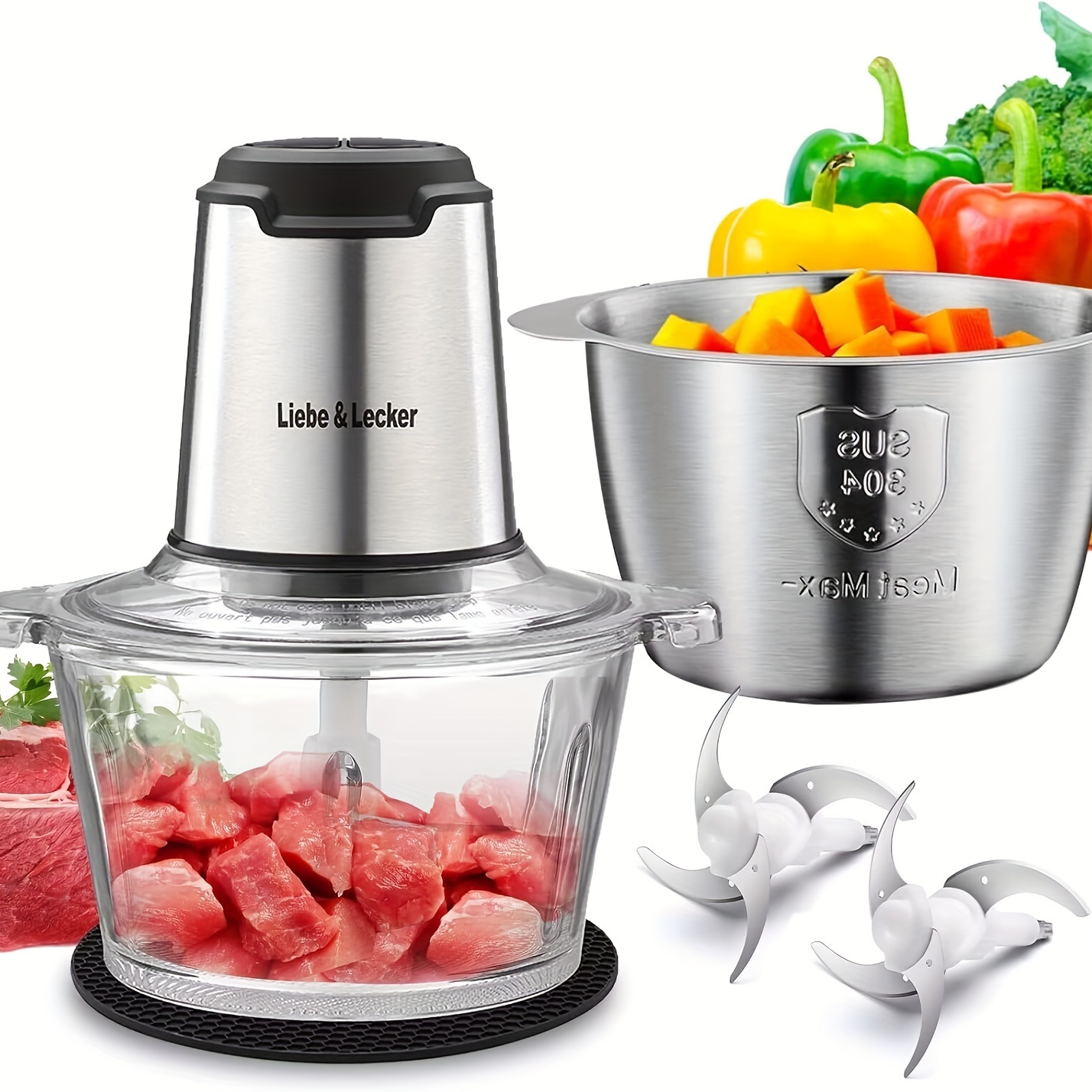

Liebe&lecker Food Processor, Meat Grinder With 2 Bowls 8 Cup And 8 Cup, Food Chopper Electric Vegetable Chopper With 4 Large Sharp Blades For Fruits, Meat, Vegetables, Baby Food, Nuts, 2 Speed