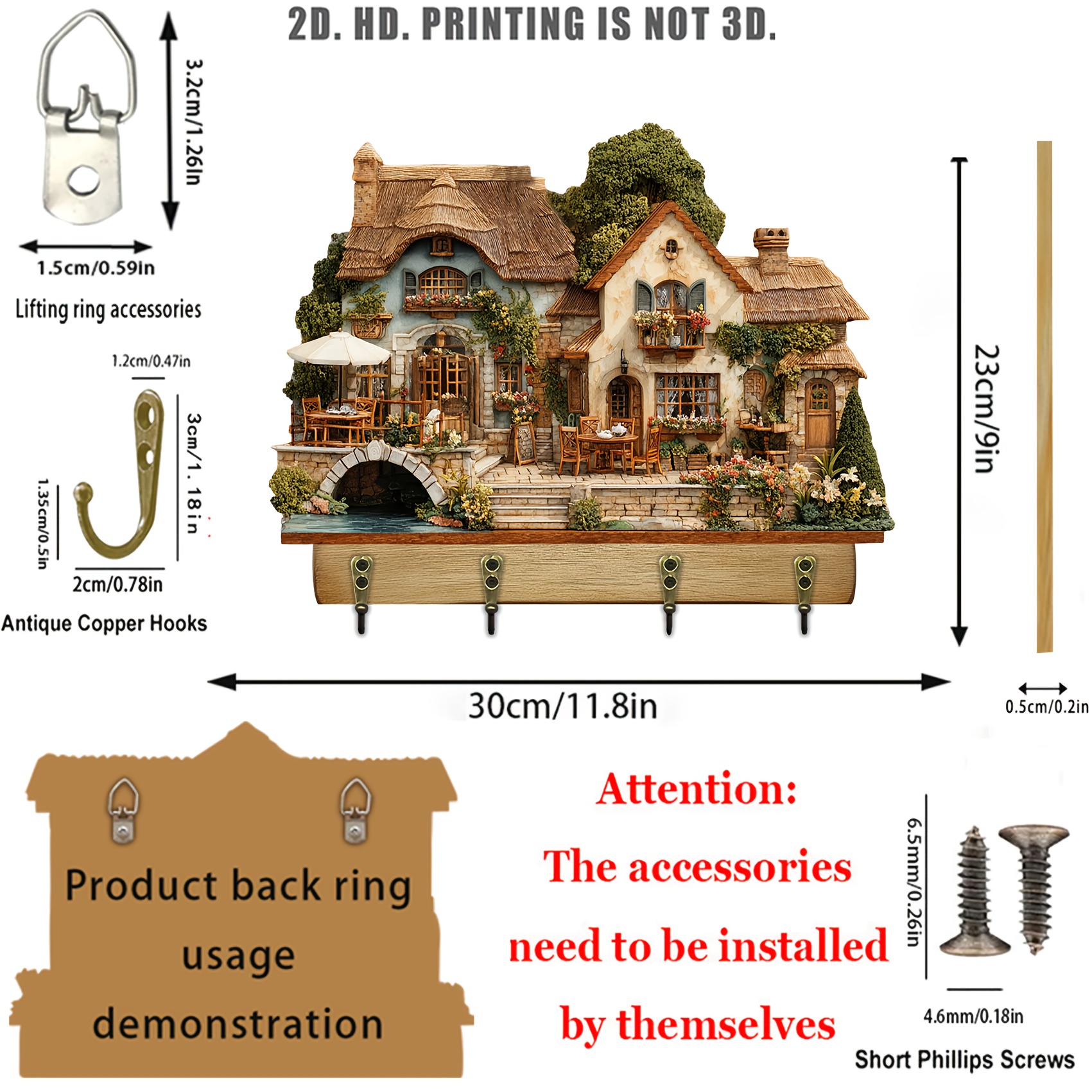 TEMU 2d Flat, 1pc, Country Wooden Home Key Hanger With 4 Metal Hooks, Wall Decor, Porch Decor, Room Decor, Villa Decor, Home Decor (11.8"x9").